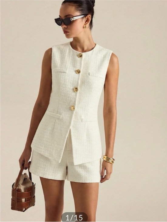 Commense Tops - Commense metal button tweed shorts and vest set ivory NWT